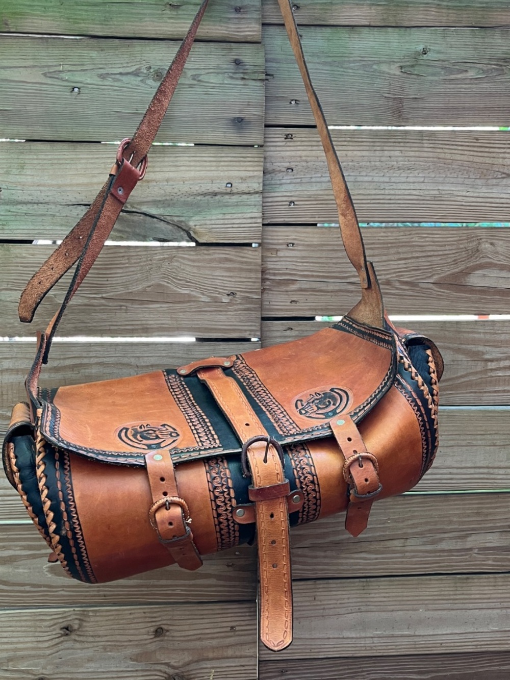 Vintage Hand-Tooled Mexican Leather Horse Saddle Crossbody Bag. Circa 1970s
